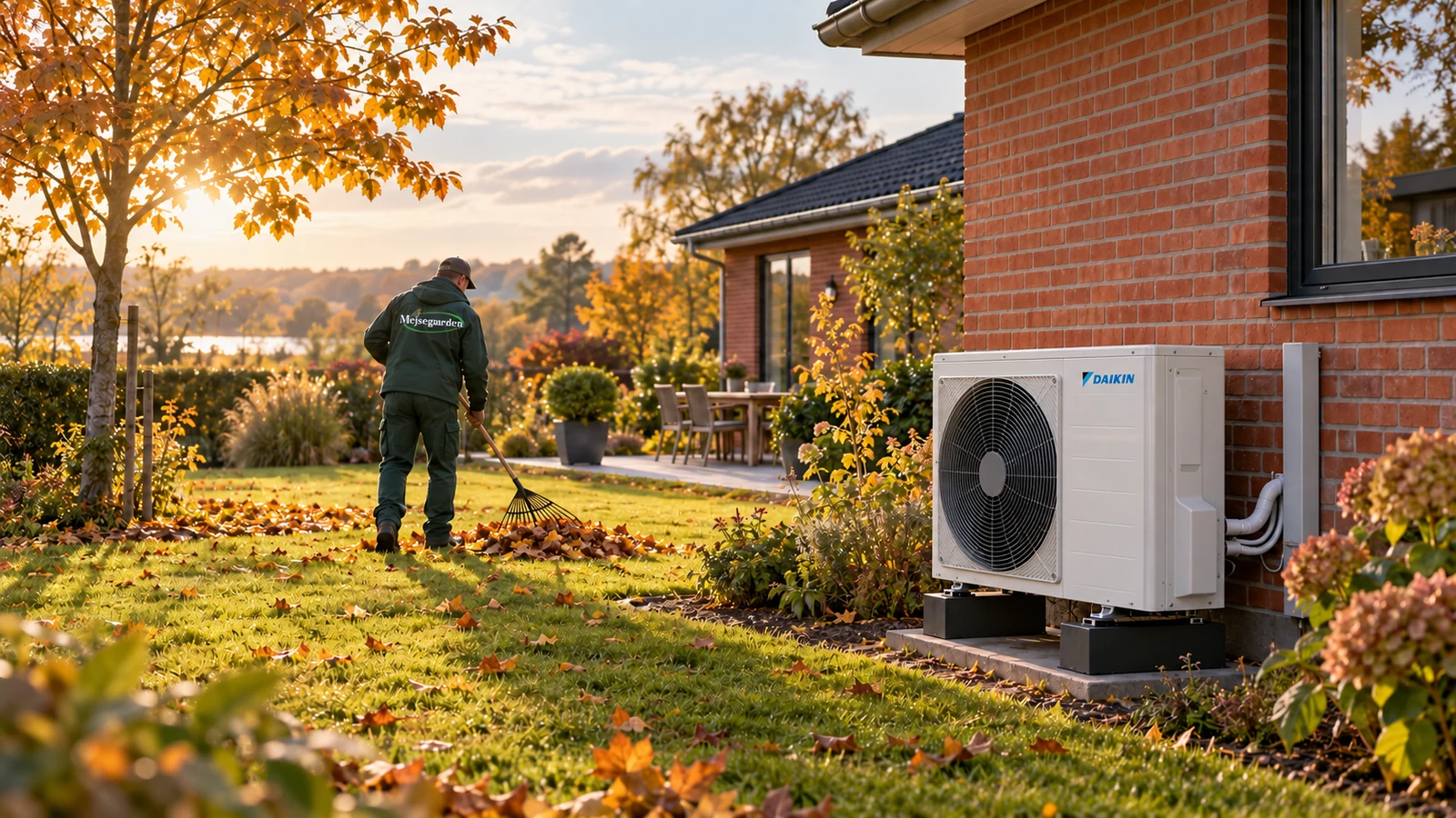 Person med Mejsegaarden-logo på arbejdstøjet river blade i en efterårshave med en Daikin-varmepumpe ved huset.
